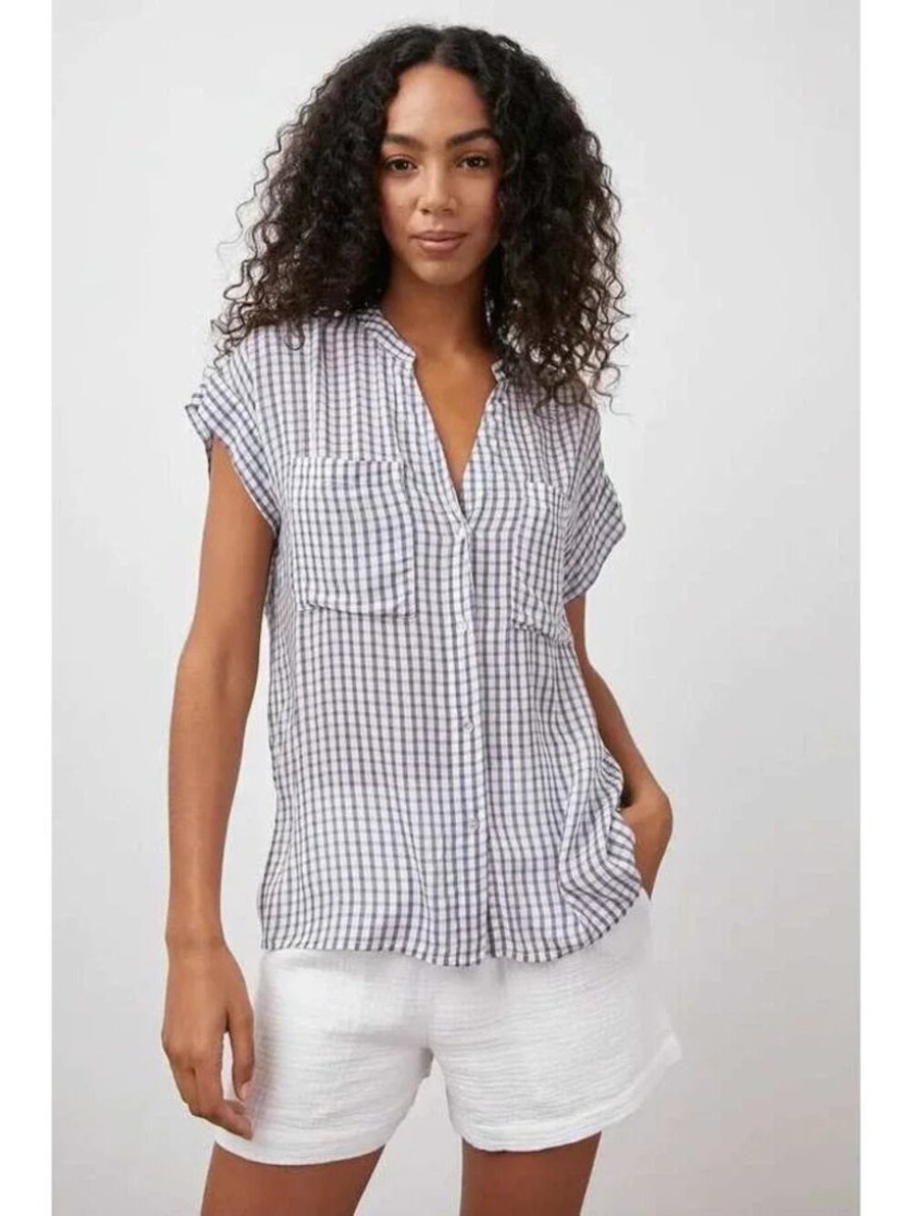 Rails Mel Short Sleeve Top Button Front Gingham Check Blouse Size Medium